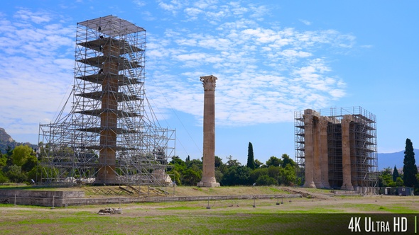 4K Temple of Olympian Zeus during column restoration, Athens, Greece
