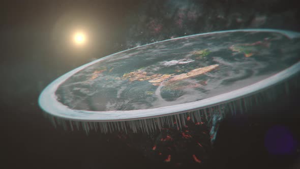 Flat Earth in cosmos. Close-up of flat Earth slowly rotating in space. Antarctica as an ice wall. alt