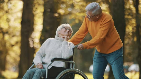 Elderly Couple in the Park. Husband Pushing His Disabled Wife in the Wheelchair