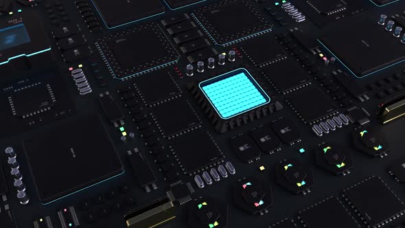 components of computing power on a chip. futuristic animation . next-generation alt