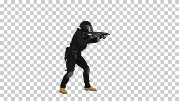 Policeman in black camouflage walking, Alpha Channel