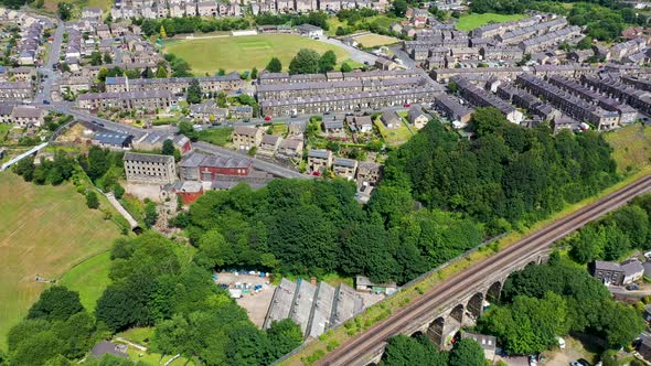 Aerial drone footage of a scenic view of the village of Slaithwaite in the town of Huddersfield