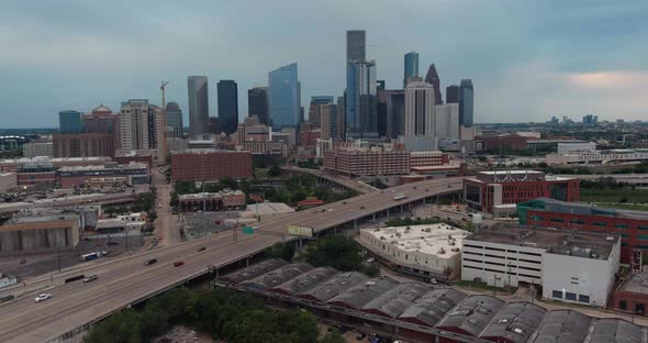 Drone view of downtown Houston on a cloudy day