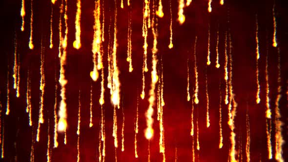 Animation of fire rain. Night volcano eruption. Shining particles sparkles.