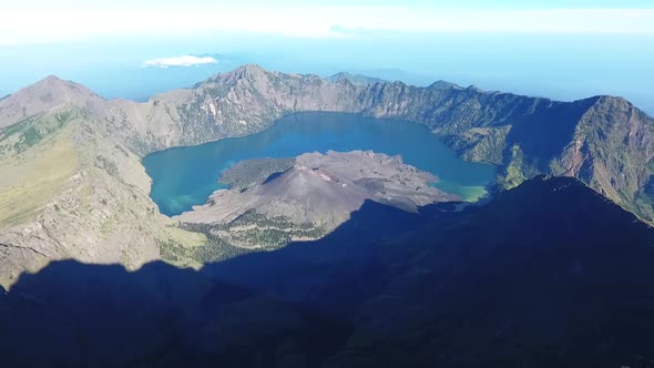 Incredible High Altitude Aerial Panoramic View of Mount Rinjani Summit On Lombok In Indonesia