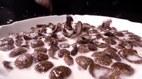 Brown Chocolate Corn Flakes Fall in a White Plate with a Pattern of Flowers on the Edge