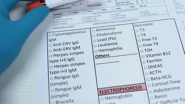 Lead, Doctor Checking Element Name in Lab Blank, Showing Blood Sample in Tube