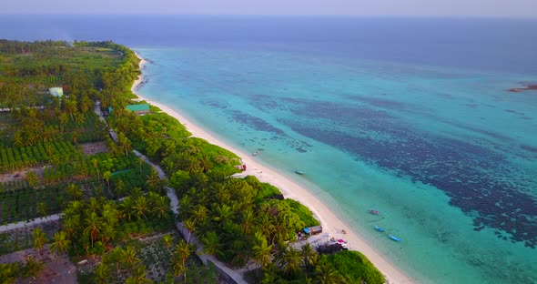 Daytime drone clean view of a sandy white paradise beach and aqua turquoise water background in 4K