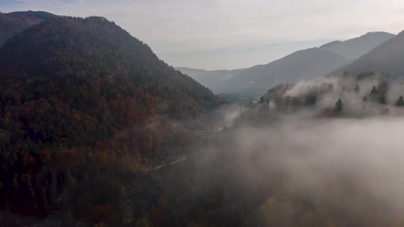 Beautiful drone hyperlapse of the fog through the trees in a Swiss mountainous landscape in autumn.