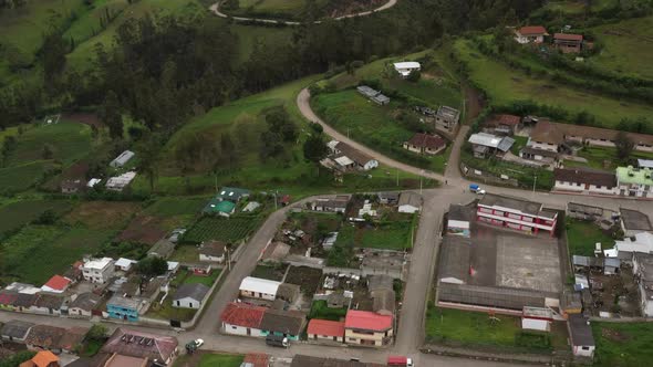 Aerial view that circles around at the same spot showing a small village in the andean mountains