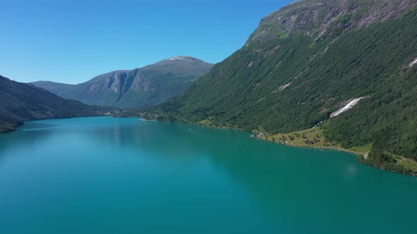 Lake Oldevatn Norway - Huge crispy clean glacial green freshwater lake in Olden Norway - Forwarding