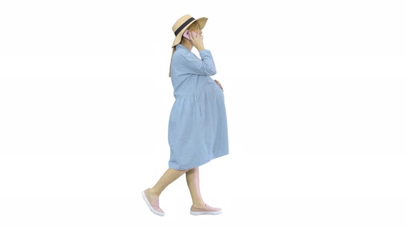 Beautiful Caucasian Pregnant Woman Making a Call on Summer Walk Outdoors on White Background