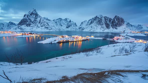 4K Motion Timelapse of Sakrisoy fishing villiage at Lofoten islands, Norway