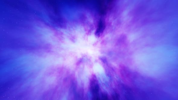 Flying through expanding nebula. Nebula gas in space. blue and purple nebula.