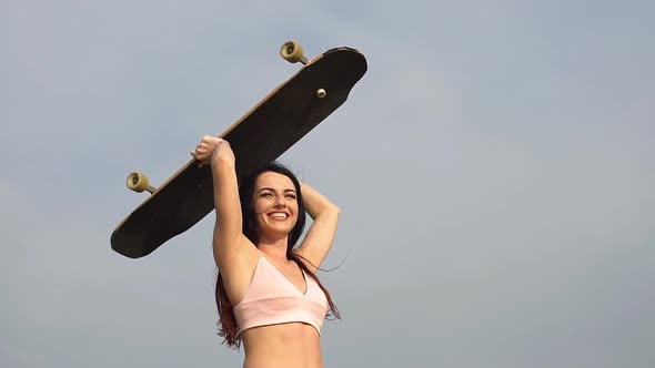 Happy Young Girl and Longboard Outdoor, Slow Motion