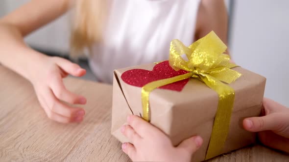 Little Boy Gives His Beloved Girl Valentines Day Gift Box