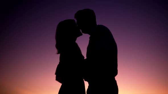 Silhouettes of a Married Couple Cuddles Against the Background of the Sunset Gradient