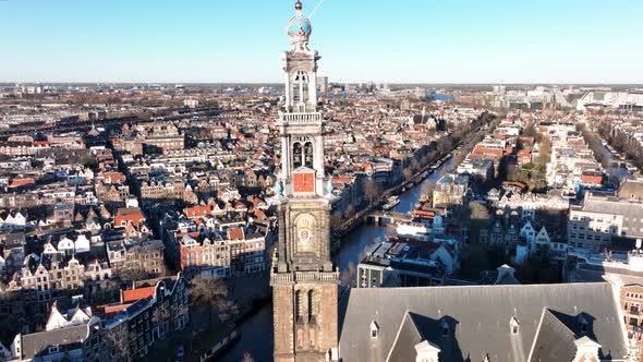 Amsterdam City Center Aerial Drone View of the Westerkerk and the Jordaan Urban Area in the City