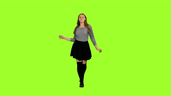 Cheerful Woman Walking and Dancing on Chroma Key Background