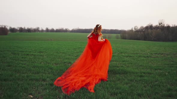 Young Woman in a Luxurious Red Dress Runs Along the Green Grass