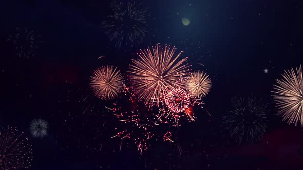 Shining Fireworks Display Explosion with Bokeh Lights in Night Sky. 