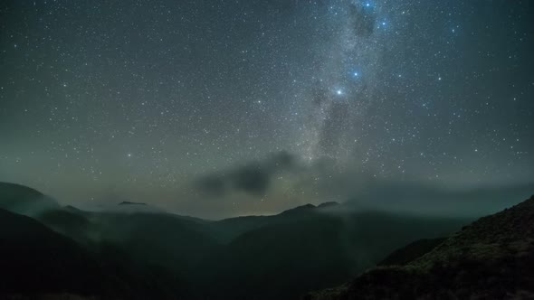 Starry Night Sky with Milky Way Galaxy Stars in Foggy Mountains Astronomy