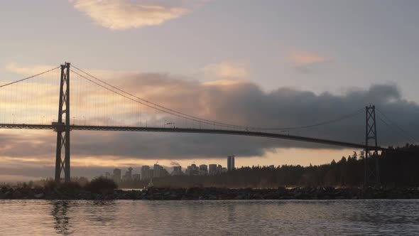 Wide shot of Lions gate bridge on Warm morning