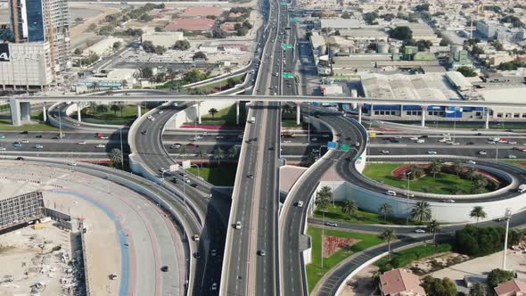 High Angle View on a Big Highway Intersection in Dubai with Lots of Traffic