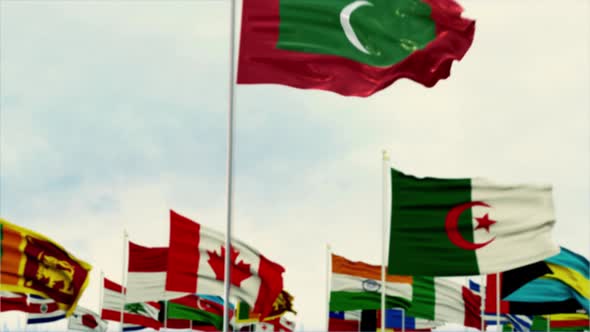 Maldives Flag With World Globe Flags Morning Shot