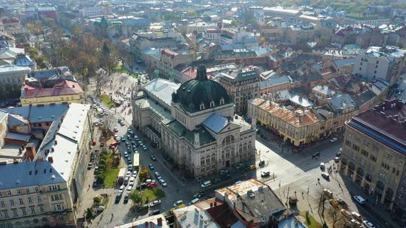 Aerial View of Lviv Opera and Balet Theatre in Lviv Old City Center. Ukraine, Europe