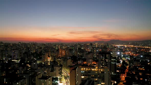 Sunset downtown Sao Paulo Brazil. Downtown district at sunset scenery.