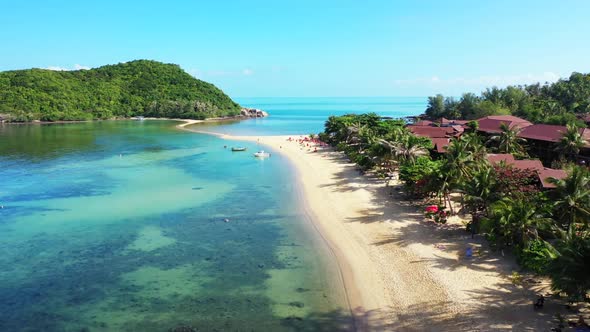 Aerial drone travel of tropical island beach journey by blue ocean and white sand background of a da