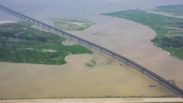 Aerial view of Padma bridge, over the Padma river by day, Dhaka, Bangladesh.