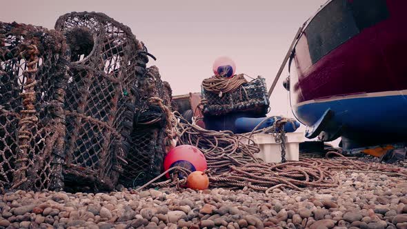 Lobster Pots And Fishing Boat At Sunset