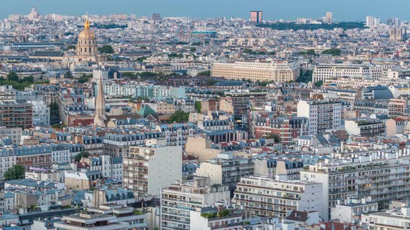 Aerial Panorama Above Houses Rooftops in a Paris Day To Night Timelapse