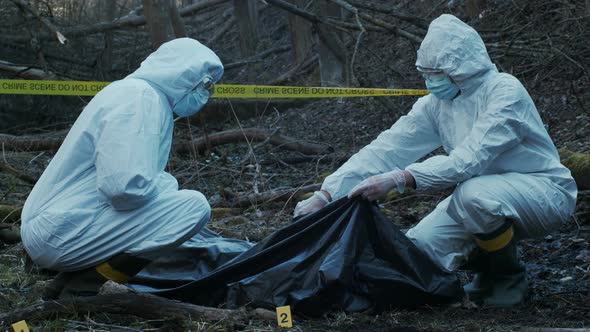 Forensic specialists working in the forest. Crime scene and police concept.
