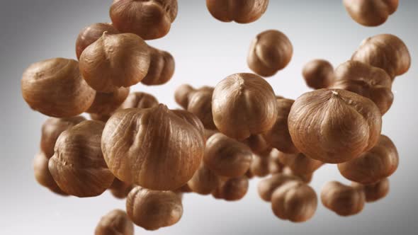 Flying of Hazelnuts in Dark Grey Background