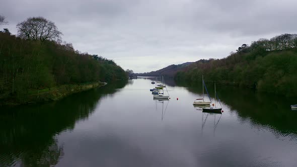 Beautiful aerial view, footage of Rudyard Lake in the Derbyshire Peak District Nation Park, popular