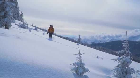 A Tourist Walks Through the Snow in the Mountains.