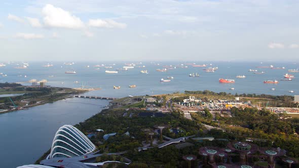 Singapore Gardens Day with Port Harbor Time-lapse. Pan Up