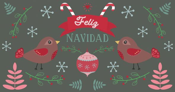 Animation of Feliz Navidad words with birds on Christmas decorations background