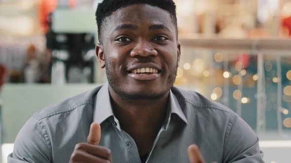 Closeup Happy Joyful African American Man Looking at Camera Talking on Video Call Smiling Recording