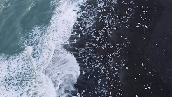 Drone Over Ice on Diamond Beach Near Glacier Lagoon of Iceland