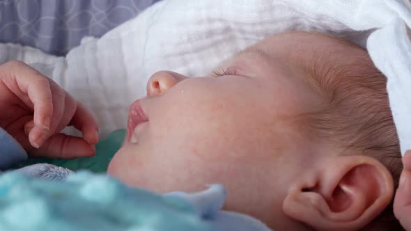 Newborn Caucasian Baby Sleeping In The Crib Close Up