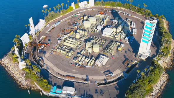 Long Beach oil refinery island | Aerial Shot | Late afternoon Lighting