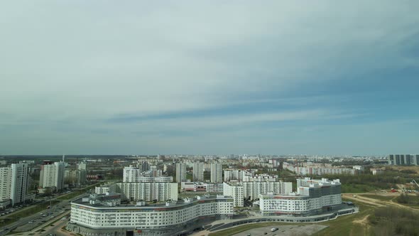 City block with high-rise buildings. Modern architecture. Dormitory area. Aerial photography.