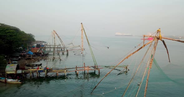 Landscape of traditional Chinese fishing nets in India Kerala Kochi fort Cochin land mark viewpoint