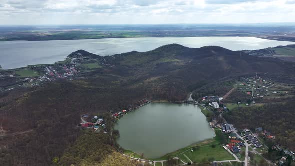 Aerial view of a lake in the village of Vinne in Slovakia