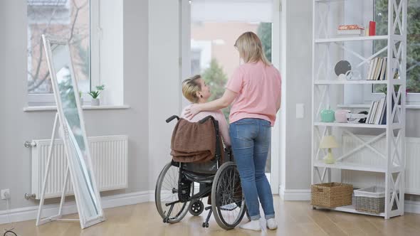 Back View Wide Shot of Positive Disabled Woman on Wheelchair Talking with Friend Smiling