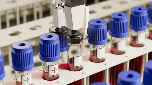 Modern laboratory robot tests blood samples. Automated. Positive. Loopable. 4kHD